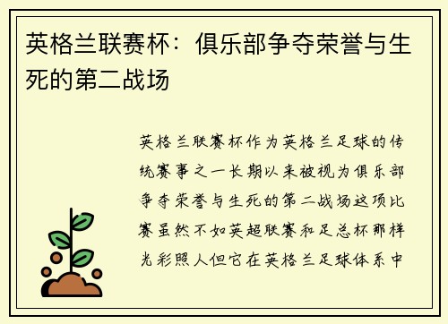 英格兰联赛杯：俱乐部争夺荣誉与生死的第二战场