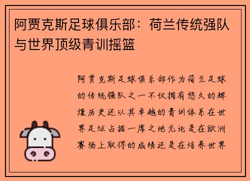 阿贾克斯足球俱乐部：荷兰传统强队与世界顶级青训摇篮