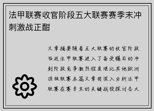 法甲联赛收官阶段五大联赛赛季末冲刺激战正酣