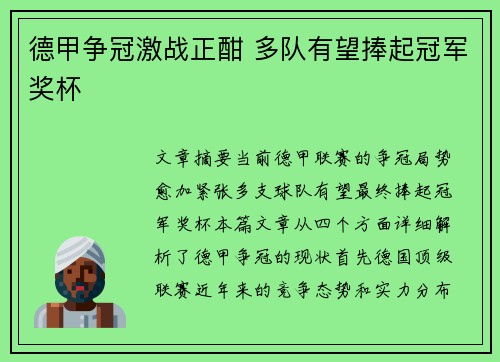 德甲争冠激战正酣 多队有望捧起冠军奖杯